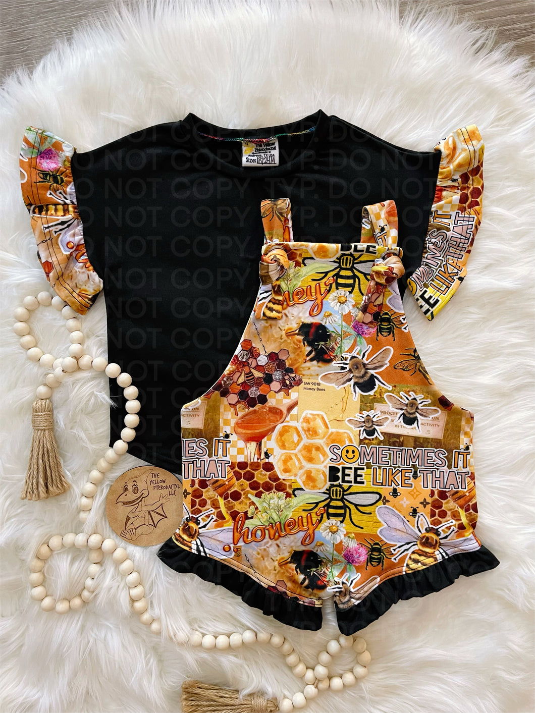Honey Bee Ruffled Dolman and Knotted Overall Shorts Set