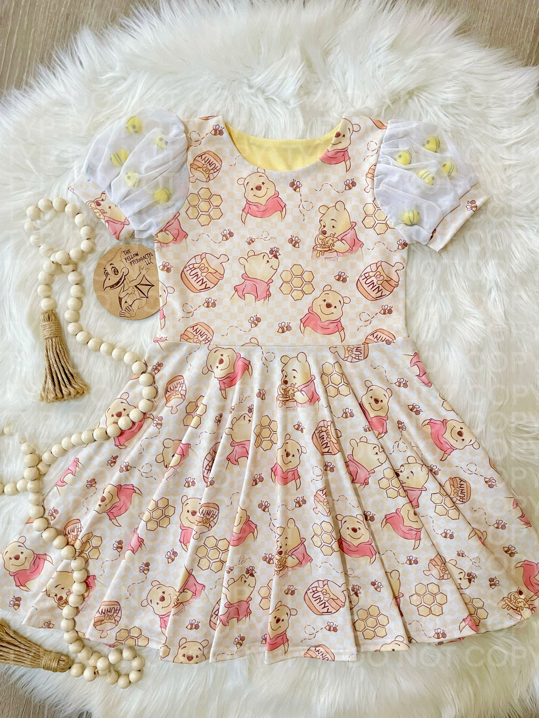 Bear twirl dress with felt bees in bishop sleeves