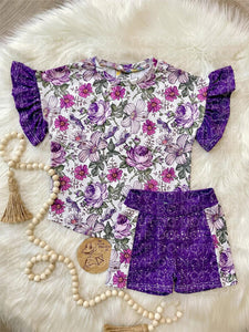 Vintage Purple Floral Ruffle Dolman and Colorblock Bikers